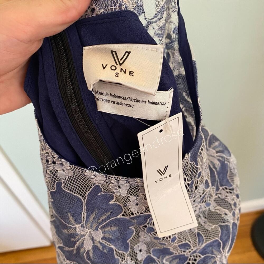 NWT VONE Antropologie Blue White Floral Lace Mini Dress Small - Picture 3 of 14